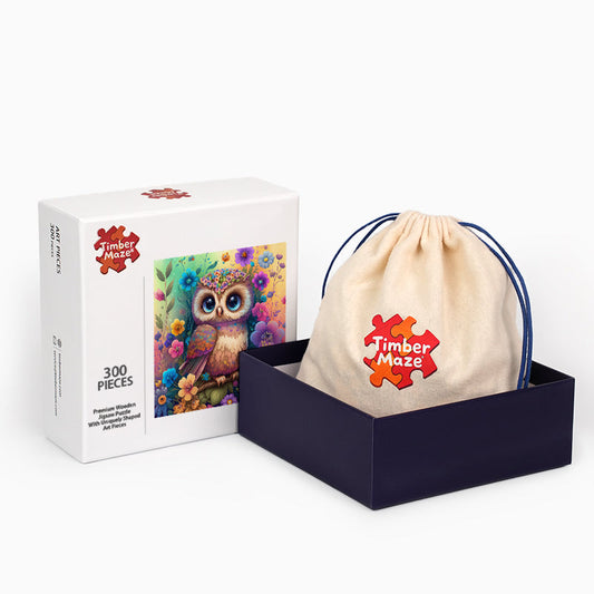 Cute fluffy baby owl - Wooden Jigsaw Puzzle
