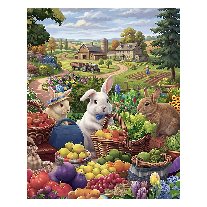 Pastoral Rabbits Market - Wooden Jigsaw Puzzle