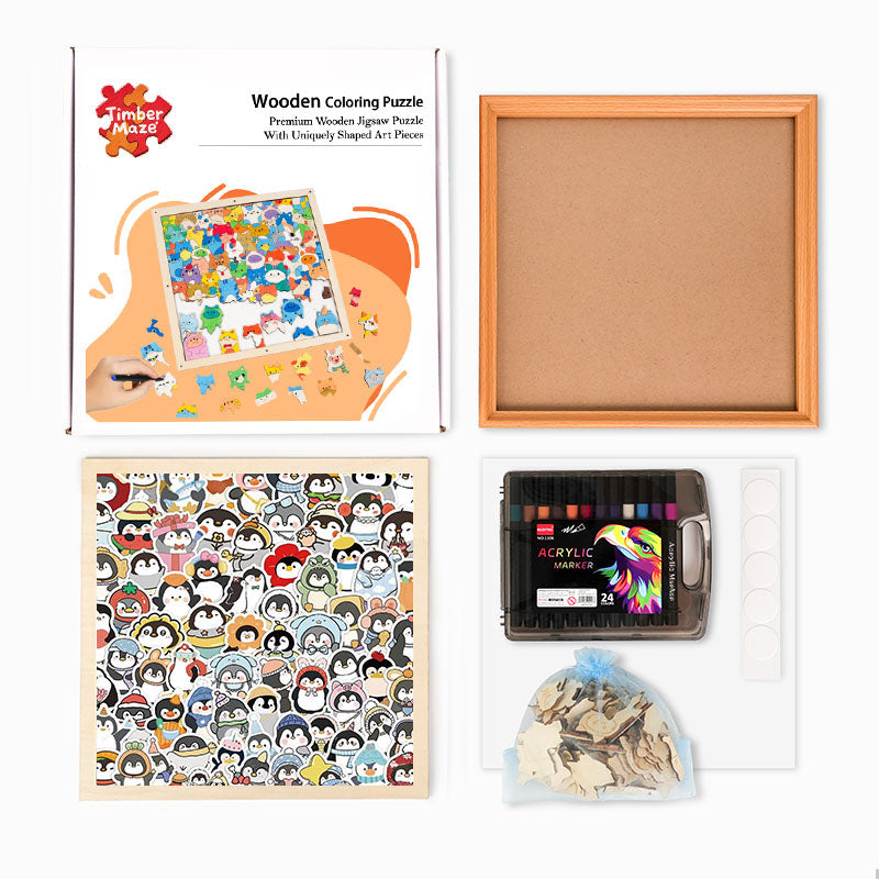 Funny Penguins - Wooden Coloring Puzzle