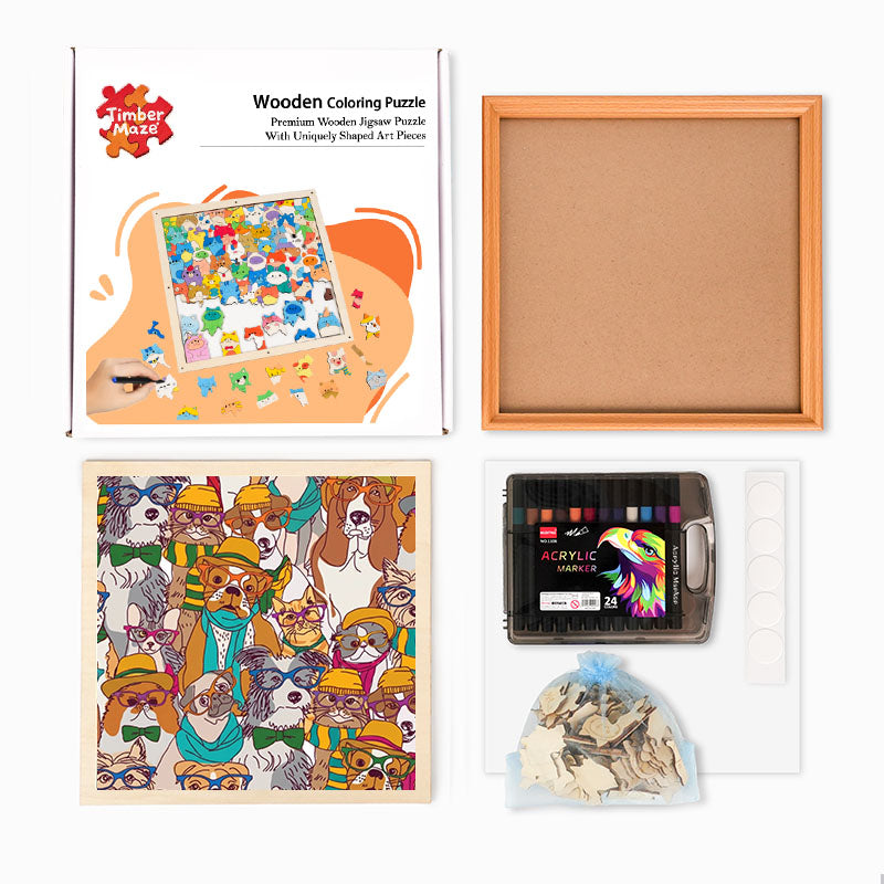 Dogs with Glasses - Wooden Coloring Puzzle