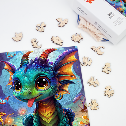 Playful Baby Dragon in Enchanted Forest - Wooden Jigsaw Puzzle