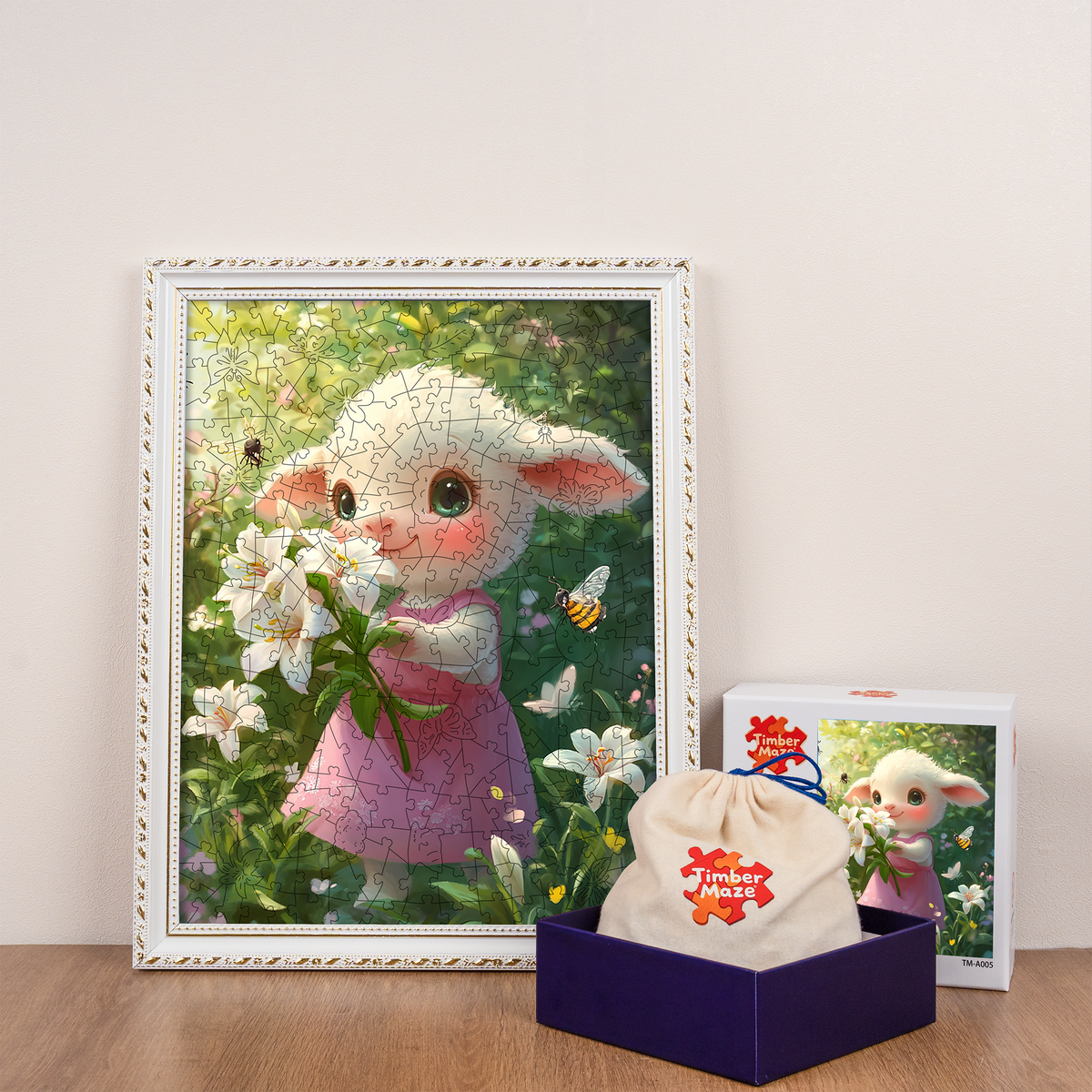 Cartoon Lamb Arranging Lilies - Wooden Jigsaw Puzzle