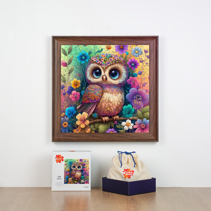 Cute fluffy baby owl - Wooden Jigsaw Puzzle