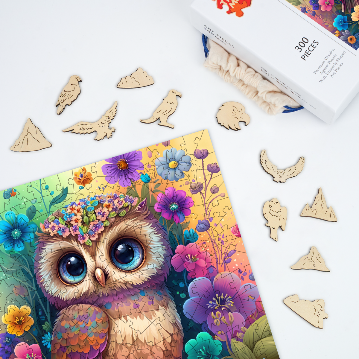 Cute fluffy baby owl - Wooden Jigsaw Puzzle