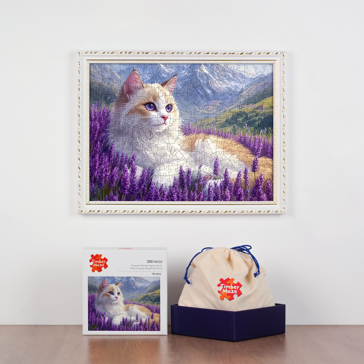 Ragdoll cat in lavender field - Wooden Jigsaw Puzzle