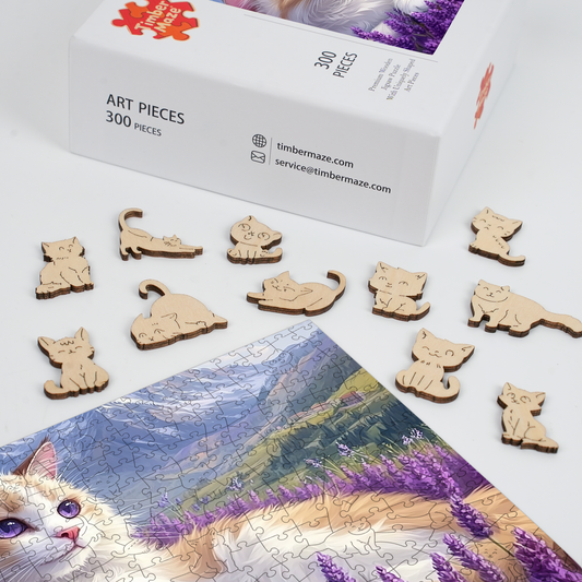 Ragdoll cat in lavender field - Wooden Jigsaw Puzzle