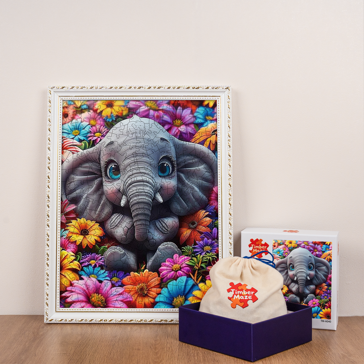 Baby Elephant with Flowers - Wooden Jigsaw Puzzle