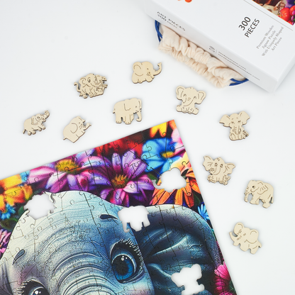 Baby Elephant with Flowers - Wooden Jigsaw Puzzle