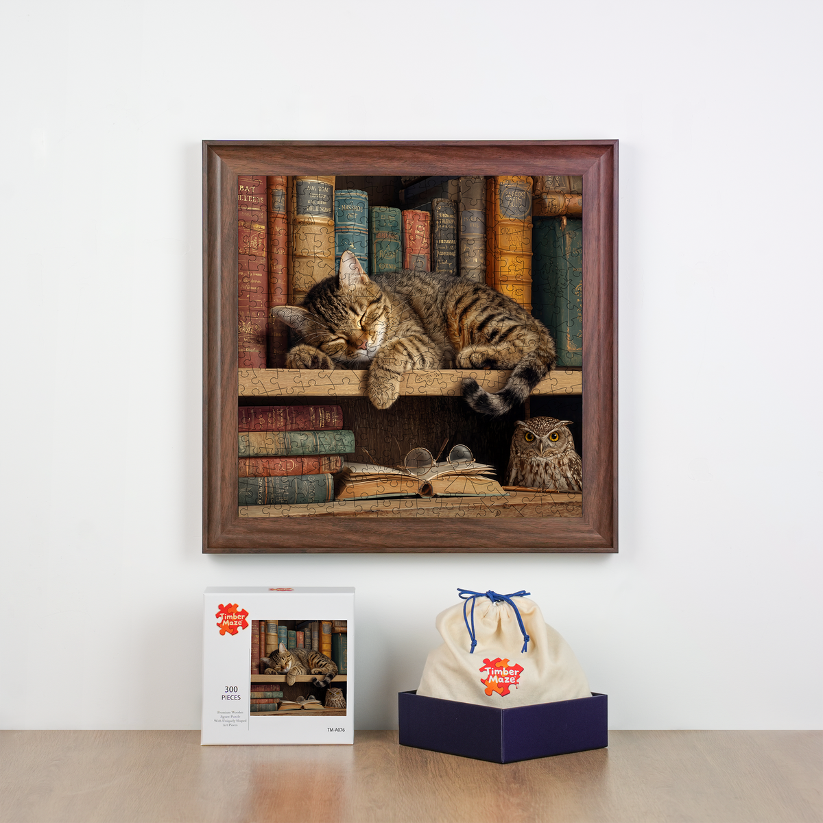 Cat on Bookshelf - Wooden Jigsaw Puzzle