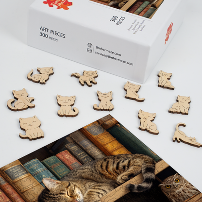 Cat on Bookshelf - Wooden Jigsaw Puzzle