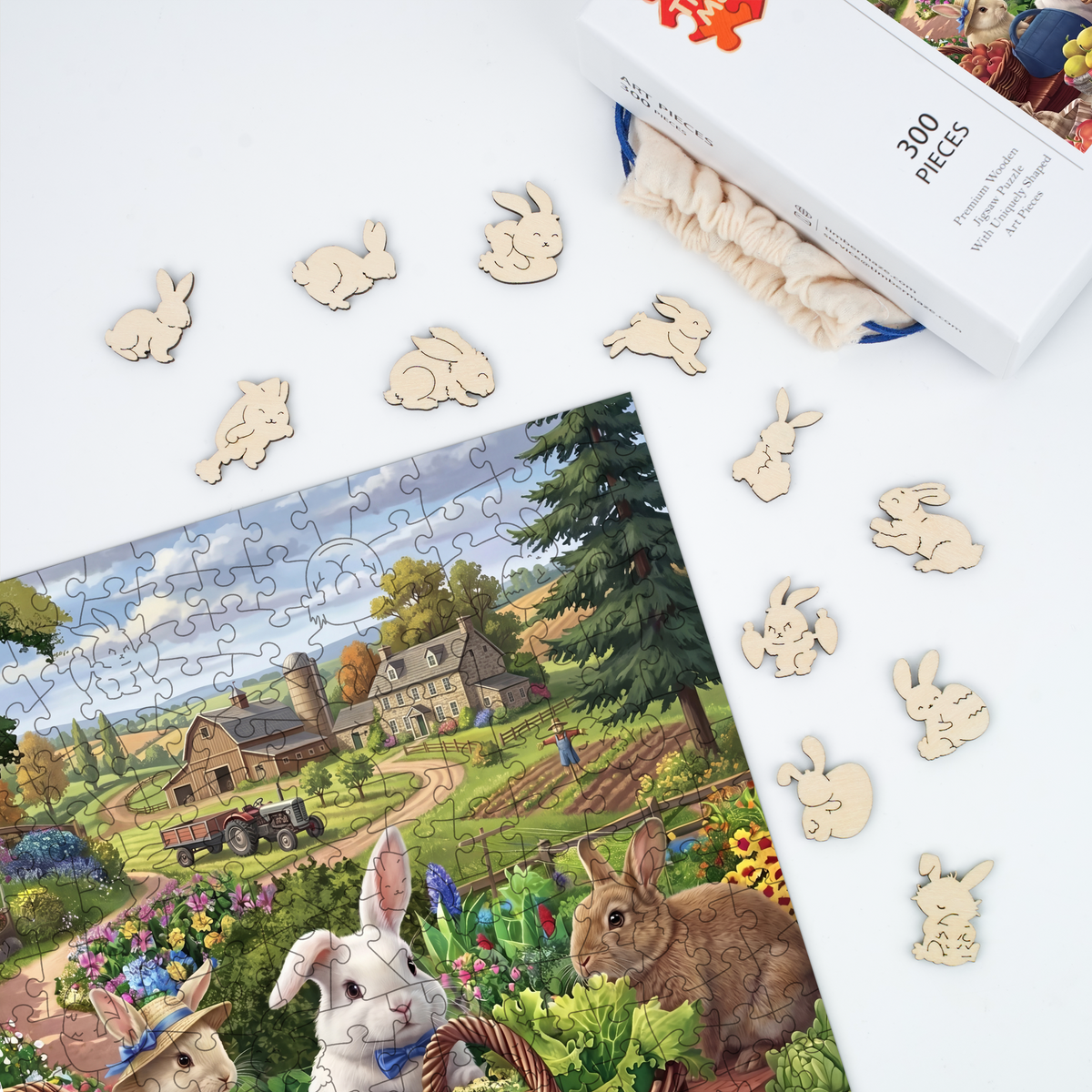 Pastoral Rabbits Market - Wooden Jigsaw Puzzle