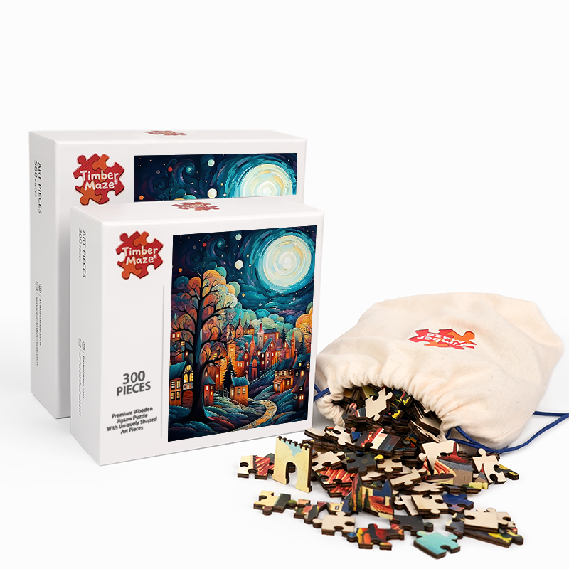 Moonlit Fantasy Village - Wooden Jigsaw Puzzle