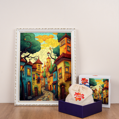 Whimsical Town Street - Wooden Jigsaw Puzzle