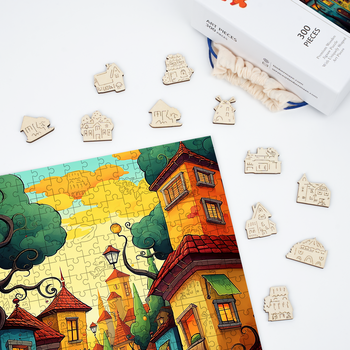 Whimsical Town Street - Wooden Jigsaw Puzzle