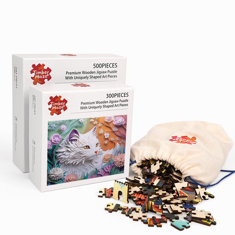 Whispers of the Paper Blossom Cat - Wooden Jigsaw Puzzle