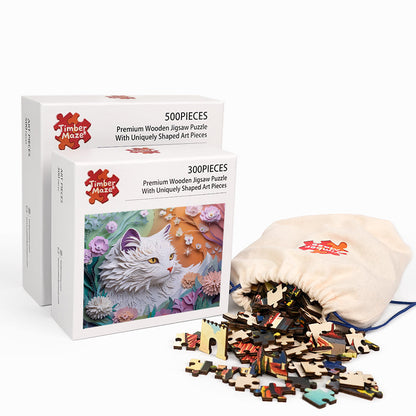 Whispers of the Paper Blossom Cat - Wooden Jigsaw Puzzle