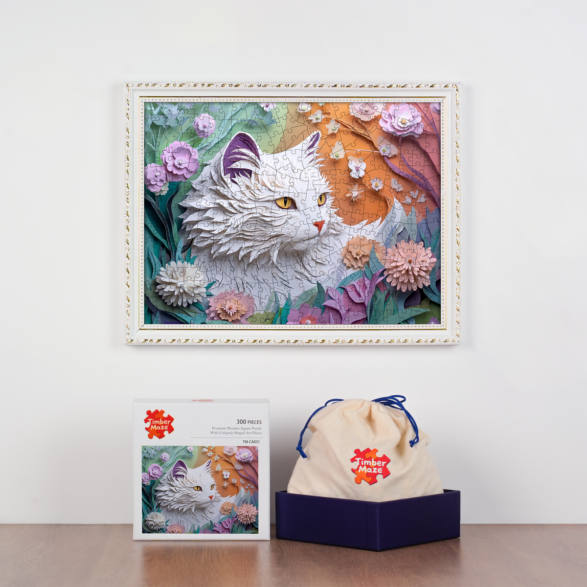 Whispers of the Paper Blossom Cat - Wooden Jigsaw Puzzle