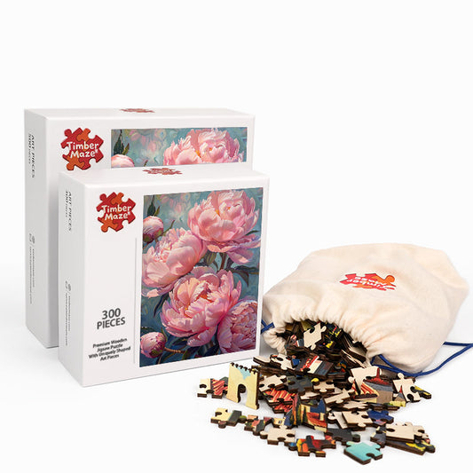 pink peonies - Wooden Jigsaw Puzzle