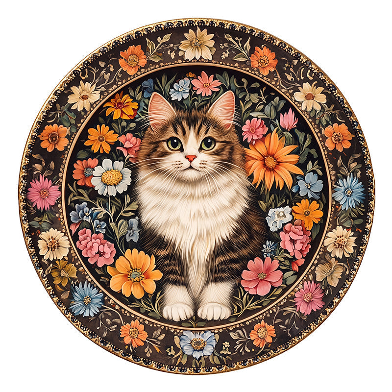 Floral Cat Plate - Wooden Jigsaw Puzzle