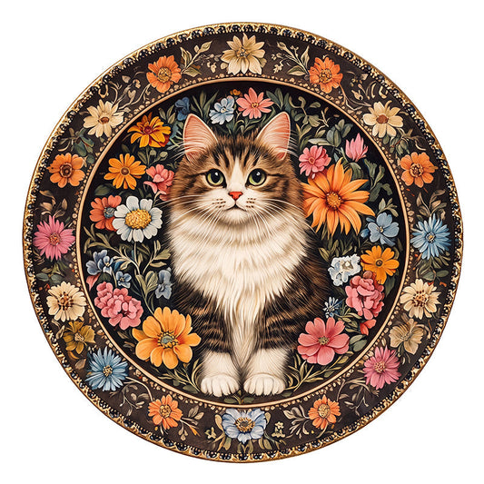 Floral Cat Plate - Wooden Jigsaw Puzzle