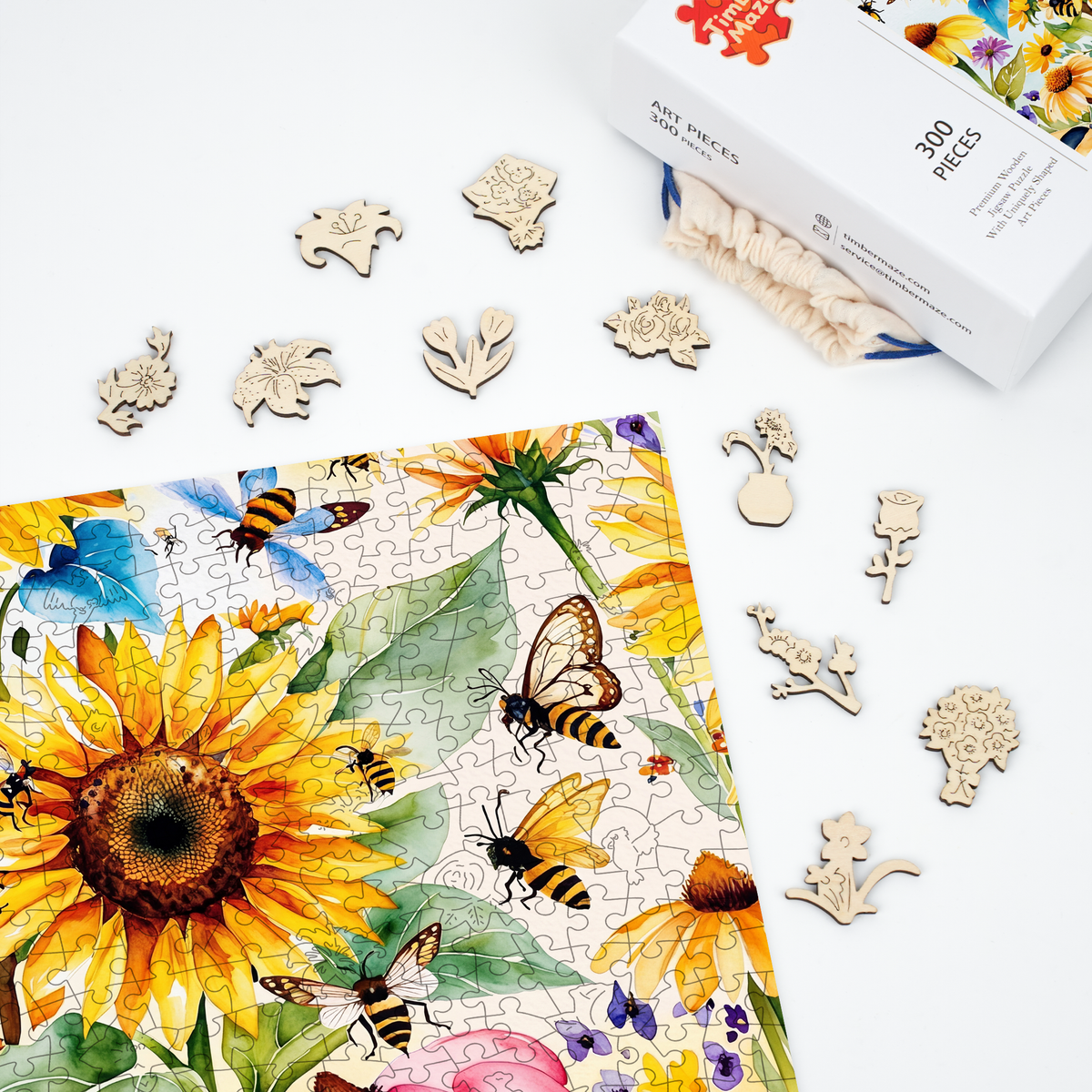 Bees and Sunflowers - Wooden Jigsaw Puzzle