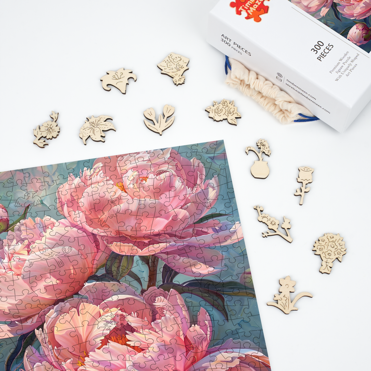 pink peonies - Wooden Jigsaw Puzzle