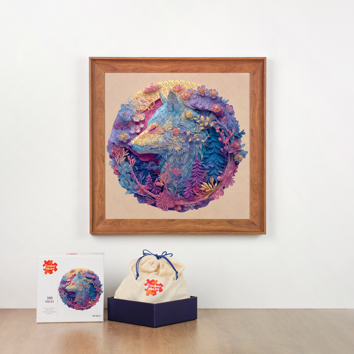 Wolf & Flowers - Wooden Jigsaw Puzzle