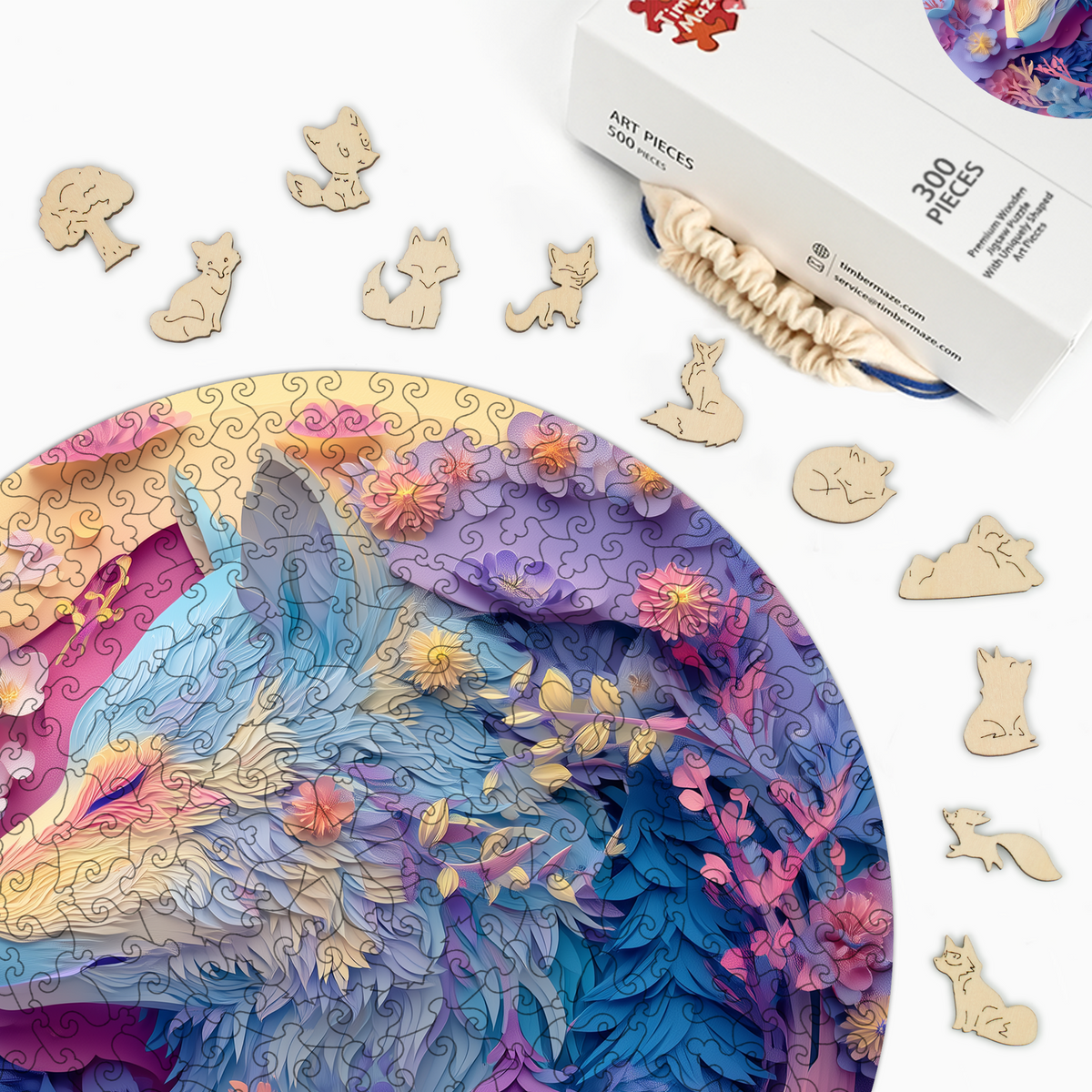 Wolf & Flowers - Wooden Jigsaw Puzzle