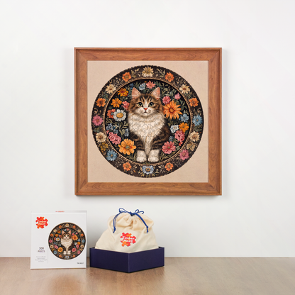 Floral Cat Plate - Wooden Jigsaw Puzzle