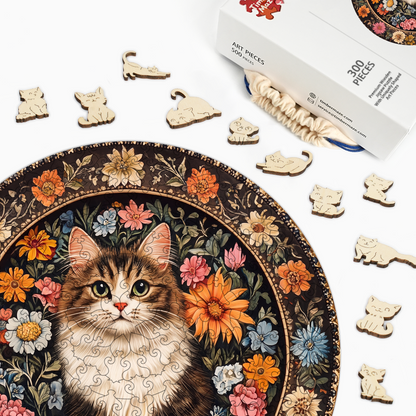 Floral Cat Plate - Wooden Jigsaw Puzzle
