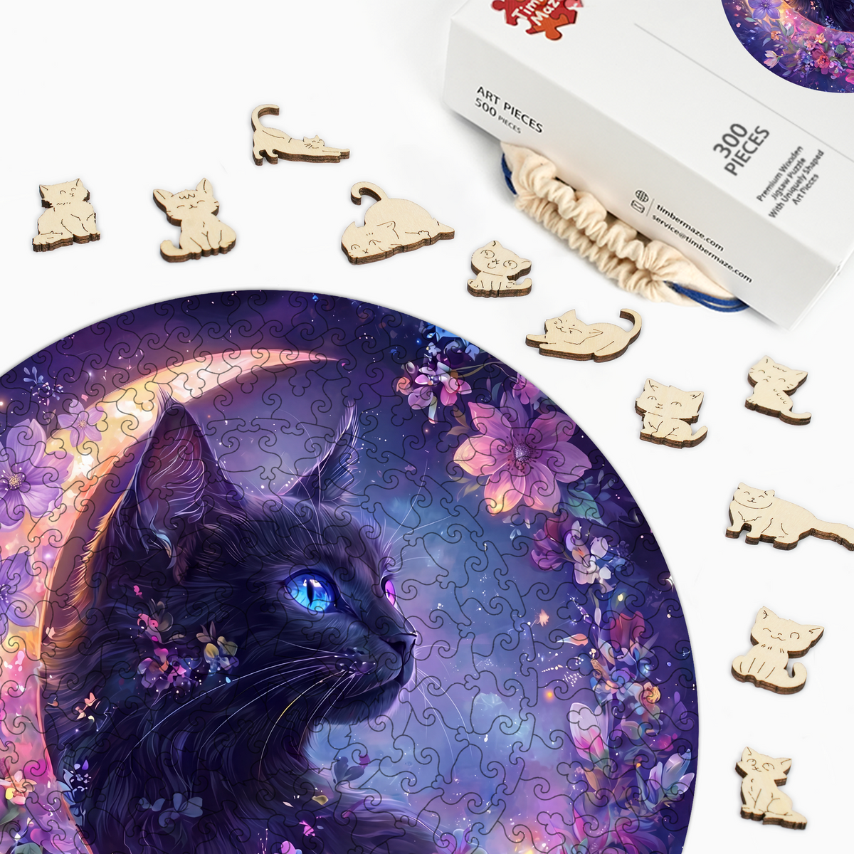 Enchanted Cat and Moon - Wooden Jigsaw Puzzle