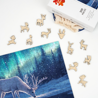 Deer in the Aurora - Wooden Jigsaw Puzzle